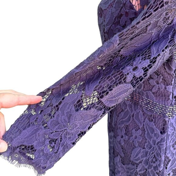 Adrianna Papell Womens Glam Purple Illusion Lace Beaded Waist Long Sleeve Gown - Picture 14 of 15